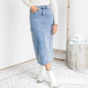NWT Denim Cargo Midi Skirt
